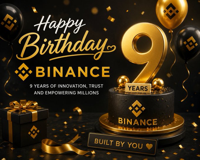 A celebratory graphic for Binance's 9th birthday, featuring a gold '9' on a black and gold cake with balloons, reading 'Happy Birthday BINANCE - 9 YEARS OF INNOVATION, TRUST AND EMPOWERING MILLIONS' and 'BUILT BY YOU'.