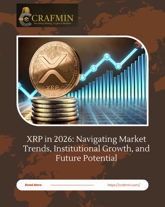 A promotional graphic for Crafmin.com featuring XRP coins and a rising chart, with text "XRP in 2026: Navigating Market Trends, Institutional Growth, and Future Potential".