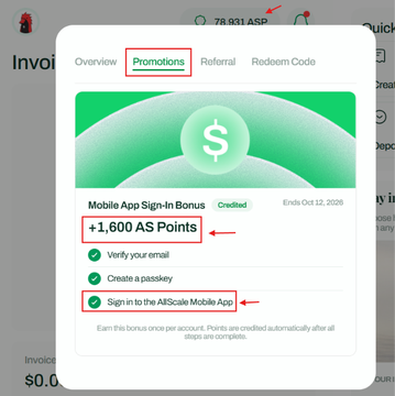 A screenshot of AllScale's "Promotions" tab displays a "Mobile App Sign-In Bonus" promotion offering "+1,600 AS Points" (marked "Credited," ending Oct 12, 2026) upon completing three steps: verifying email, creating a passkey, and signing into the AllScale Mobile App, directly illustrating the free 1,600-point bonus mentioned in the accompanying post.
