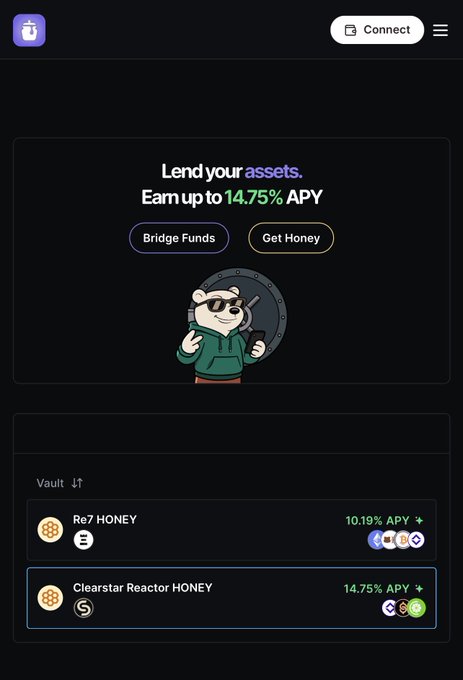 The image shows a lending platform's dark-themed interface featuring a bear mascot, advertising "Lend your assets, Earn up to 14.75% APY" with options to "Bridge Funds" and "Get Honey." The vault section displays two lending options: "Re7 HONEY" at 10.19% APY and "Clearstar Reactor HONEY" at 14.75% APY, supporting the post's claim about competitive stable lending rates on Berachain.