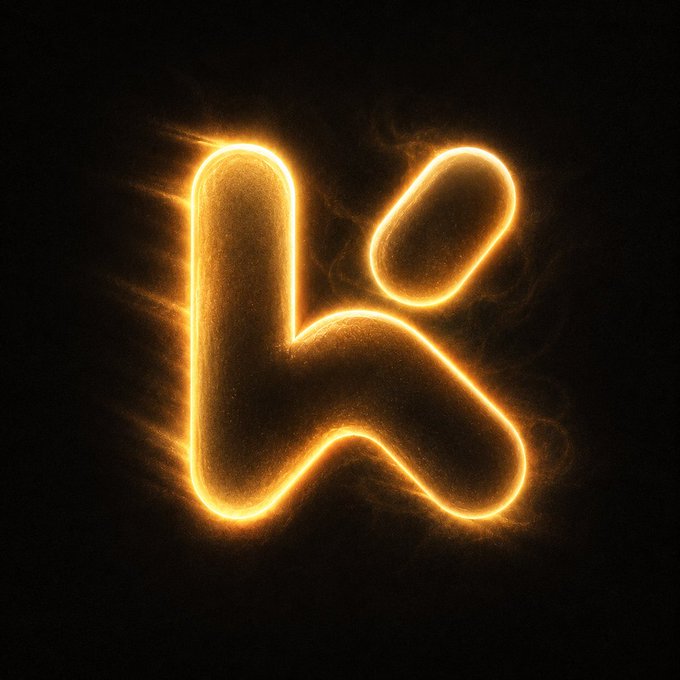 A glowing, fiery golden lowercase 'k' logo is centered against a dark, textured background, emitting light and smoke-like wisps.