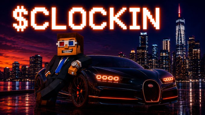 A pixelated blocky character in a business suit leans against a black Bugatti sports car with a glowing city skyline at dusk, beneath bold pixelated "$CLOCKIN" text—visually capturing the "clocking in" hustle culture and luxury lifestyle implied by the post about the $STONKBROKER launchpad and upcoming Robinhood theme coin.