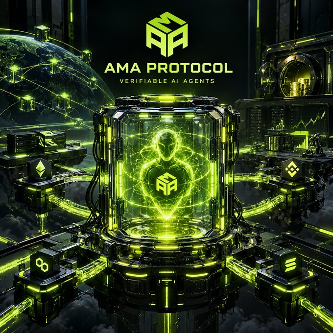 A neon-green futuristic promotional graphic for “AMA PROTOCOL — VERIFIABLE AI AGENTS,” centered on a glowing humanoid figure inside a technological chamber.