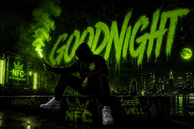 A neon green 'GOODNIGHT' graffiti-style graphic featuring a hooded figure holding a smoke flare, with 'NFC NEVER FORGET CASH' logos and a nighttime city skyline.