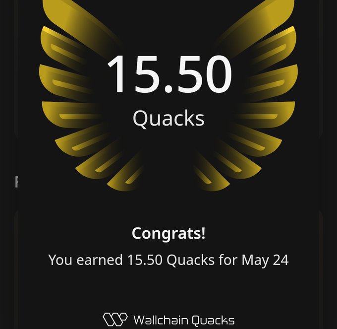 A gold and black logo for Wallchain Quacks, with a yellow bird's wing design, displays the number "15.50" and "Quacks" on a black background.