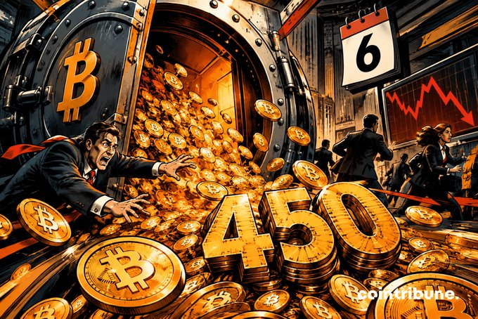 A stylized illustration depicts a vault overflowing with Bitcoin coins, featuring the number '450' and the text 'cointribune.', with people reacting in the background.