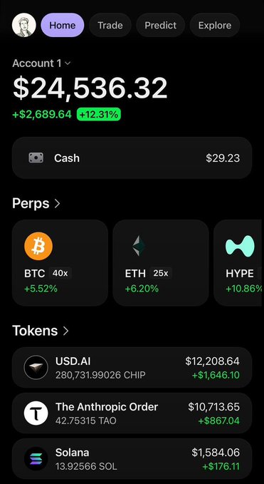 A Phantom wallet portfolio screenshot showing an account value of $24,536.32 (+12.31%), with notable holdings including USD.AI (CHIP) at $12,208.64 and The Anthropic Order (TAO) at $10,713.65, directly reflecting the two new coins mentioned in the accompanying post about the Phantom trading challenge.