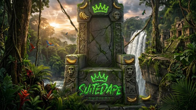 The image showcases a moss-covered stone throne in a lush jungle setting with waterfalls, exotic birds, and ancient ruins, featuring the glowing green text "SUITEDAPE SOCIETY" beneath a crown emblem and banana decorations, celebrating the Suited Apes NFT community's bullish enthusiasm as highlighted in the post praising its leader Jonny.