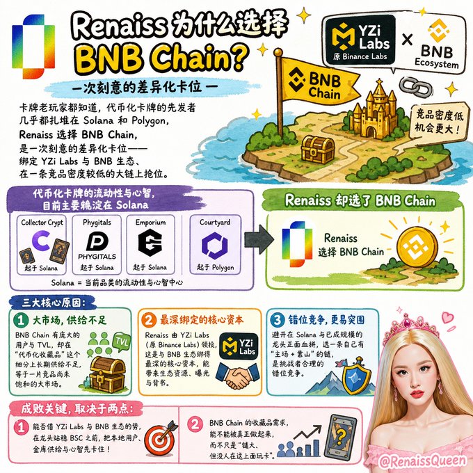 An infographic titled 'Renaiss为什么选择BNB Chain?' explains why the Renaiss token card brand chose BNB Chain, citing lower competition compared to Solana and Polygon, with branding from YZi Labs and BNB Ecosystem and featuring a cartoon queen character labeled '@RenaissQueen'.