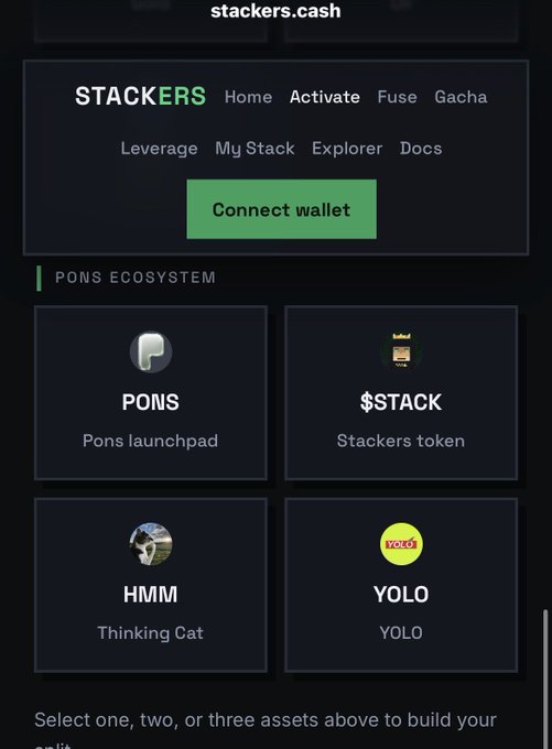 A screenshot of the 'stackers.cash' website showing the 'PONS ECOSYSTEM' with options including 'PONS', '$TACK', 'HMM' (Thinking Cat), and 'YOLO'.