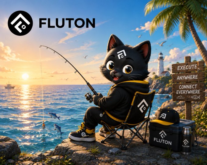 Promotional image for 'FLUTON' featuring a cartoon black cat in a hoodie fishing by the ocean at sunset, with a wooden sign reading 'EXECUTE ANYWHERE, CONNECT EVERYWHERE'.