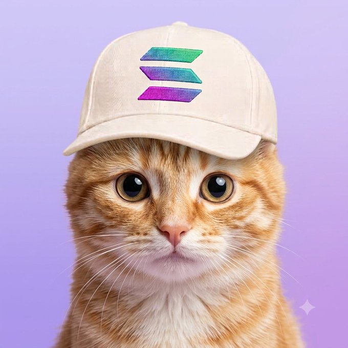 An orange tabby cat wearing a beige cap featuring the iridescent Solana (SOL) logo against a light purple background.