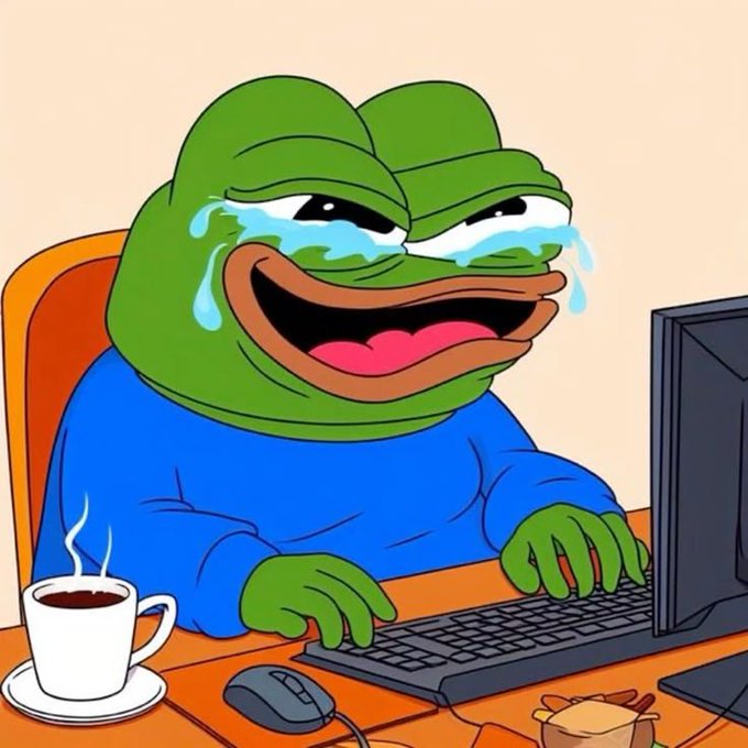 A cartoon illustration of a sad Pepe the Frog character with large tears, wearing a blue shirt and typing on a computer keyboard next to a steaming coffee cup.