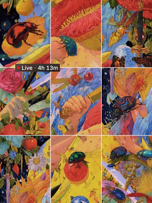 A grid of colorful fantasy illustrations featuring beetles, swords, roses, and hands in various scenes, with a red "Live" indicator showing "4h 13m" remaining.