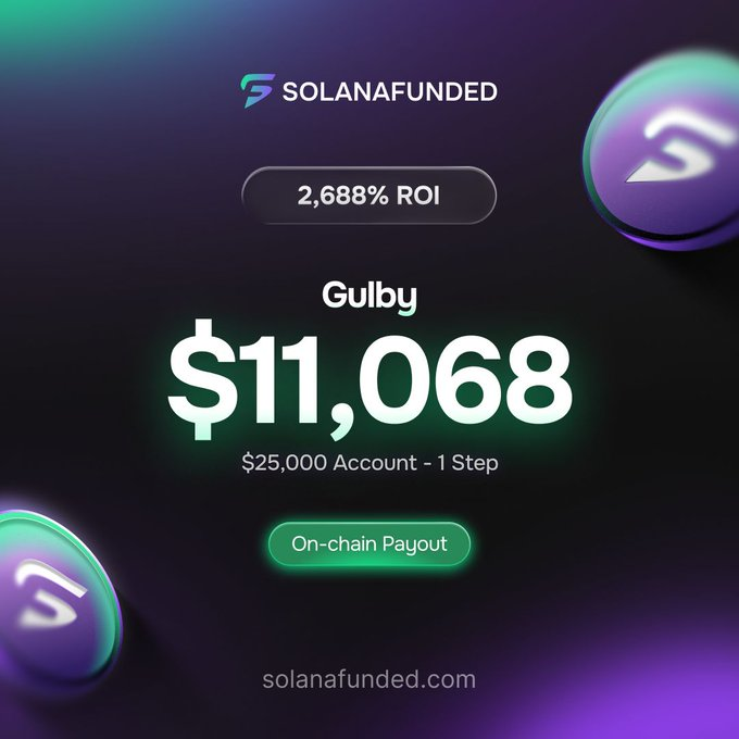 The image shows a purple background with green circles, each containing a number ranging from 2 to 5. The text at the bottom of the image includes details about a fund dedicated to Gulya and the terms under which funds can be invested, including a $11,068 allocation or $1,000. There is also a button in the middle of the image that says "On-chain Payout" followed by an arrow pointing to it. The fund's main purpose seems to be to support Gulya and its community while ensuring users can access their funds conveniently through cryptocurrency mining.