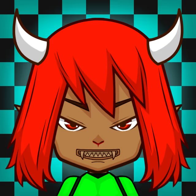 A cartoon-style illustration of a red-haired character with horns, sharp teeth, and pointed ears against a checkered background.