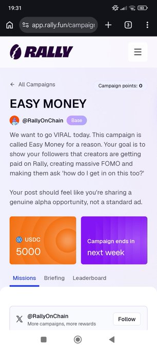 The image shows a mobile phone screen displaying an app called "AppFunnyCampaign" or "Rally", which offers free money opportunities for creative people. A person has just found this app and posted their entry, seeking $5,000 in prizes. The post emphasizes that the top 10 winners will be paid out with real money at this time, potentially for a short period.