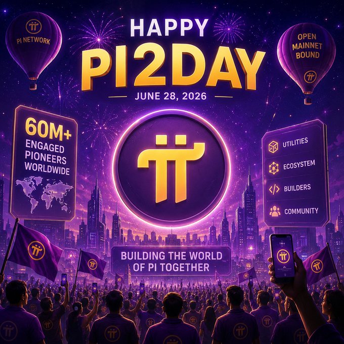A vibrant promotional graphic for "Happy Pi2Day" dated June 28, 2026, features the Pi Network logo prominently against a purple-hued cityscape, flanked by hot air balloons reading "Pi Network" and "Open Mainnet Bound," with side panels highlighting "60M+ Engaged Pioneers Worldwide" and pillars like "Utilities," "Ecosystem," "Builders," and "Community" above a crowd waving Pi flags. The tagline "Building the World of Pi Together" ties the visual celebration directly to the post's message of commemorating the global Pi community and its push toward real-world utility.