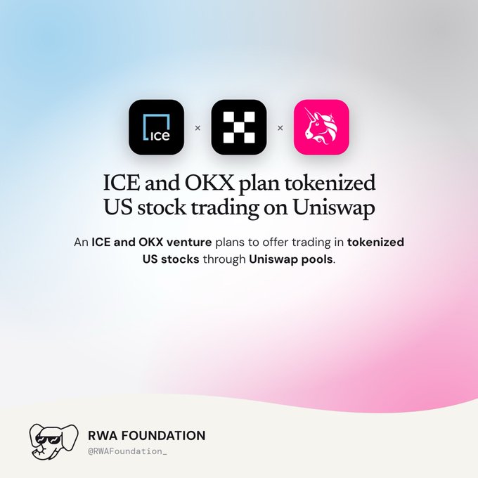 A graphic from the 'RWA Foundation' (@RWAFoundation_) announces 'ICE and OKX plan tokenized US stock trading on Uniswap,' featuring logos for ICE, OKX, and Uniswap.