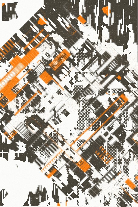 An abstract geometric artwork featuring a chaotic pattern of black, white, and orange pixelated blocks and lines with industrial textures.
