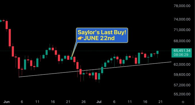 A Bitcoin price chart displays BTC's movement from early June to late July, hovering around $65,451.34, with an annotation highlighting "Saylor's Last Buy! June 22nd" near the $62k support level marked by an ascending trendline. The chart visually supports the post's claim that Bitcoin has maintained support above $58k even without continued purchases from Michael Saylor, with price recently breaking back above $65k.