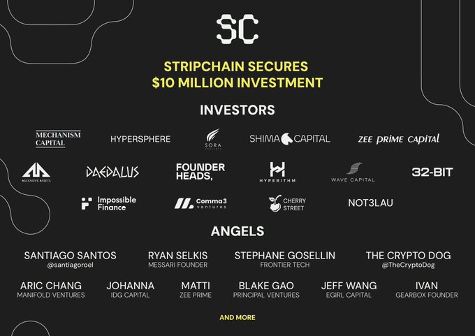 The image is a promotional graphic announcing that StripChain has secured a $10 million investment, displaying logos of institutional investors (including Mechanism Capital, Hypersphere, Sora, Shima Capital, and others) and notable angel investors like Santiago Santos, Ryan Selkis, and Stephane Gosselin. This ties into the post by confirming the funding credibility behind StripChain's public testnet launch, reinforcing the project's legitimacy as users are guided through claiming test ETH on Sepolia to participate.