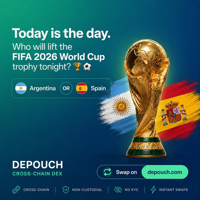 The image is a promotional graphic for Depouch, a cross-chain DEX, featuring the FIFA World Cup trophy alongside the Argentine and Spanish flags with the text "Today is the day. Who will lift the FIFA 2026 World Cup trophy tonight? Argentina OR Spain?" It also highlights Depouch's features like cross-chain swaps, non-custodial service, no KYC, and instant swaps, directing users to depouch.com.