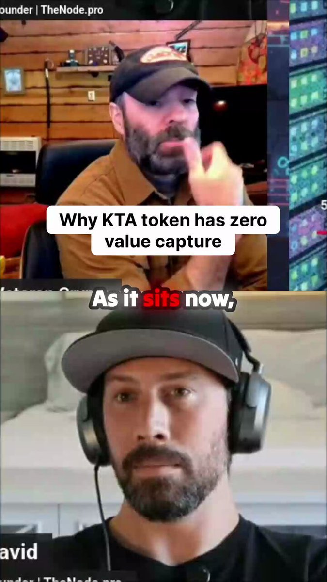 The image shows two men wearing baseball caps, each holding up a small screen displaying an article about the KTA token. One man has a serious expression while reading the text displayed on his phone, possibly absorbing important information or contemplating the content. The other man, who is also wearing a cap and appears to be a baseball fan, seems more relaxed as he reads the article out loud for enjoyment. Both men are focused on their phones, likely discussing or reacting to the contents of the articles they're viewing.