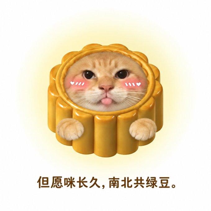 A cute cartoon orange cat is shown sitting inside a mooncake-shaped container with blushing cheeks, accompanied by the Chinese text "但愿咪长久，南北共绿豆。"
