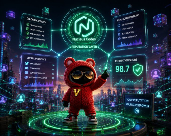 Futuristic illustration of a bear character wearing sunglasses and a hoodie pointing at a 'Nucleus Codes' reputation dashboard showing on-chain activity, social presence, real contributions, and a reputation score of 98.7.