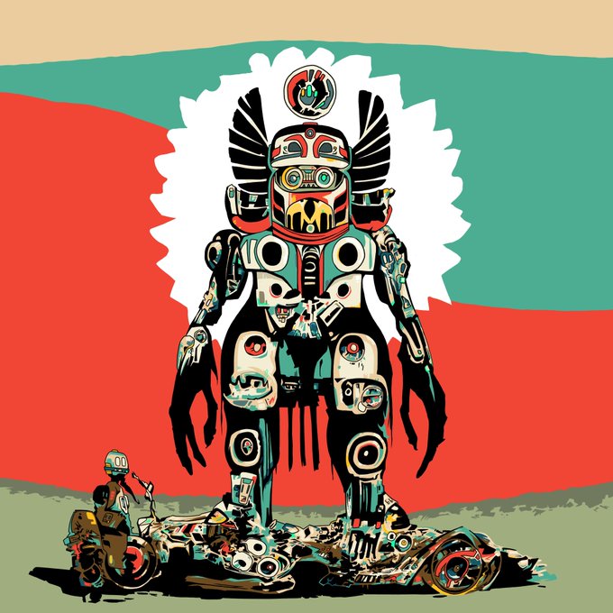 A stylized illustration depicts a large, totem-pole-like figure with Indigenous-inspired design elements standing over a smaller figure on a motorcycle, set against a red and teal background.