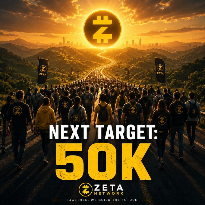 A promotional graphic for Zeta Network with the text 'NEXT TARGET: 50K' and tagline 'TOGETHER, WE BUILD THE FUTURE,' showing a crowd of people walking toward a glowing Z symbol on the horizon.