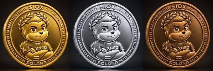 Three metallic coins—gold, silver, and bronze—each feature an embossed dog character wearing an 'XNEO' shirt, with 'SOLANA' inscribed at the bottom and '$IOX' at the top.