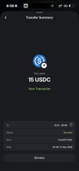 A mobile phone screenshot of the 'Coinbase Wallet' app showing a 'Transfer Summary' for sending '15 USDC' with a 'New Transaction' status.