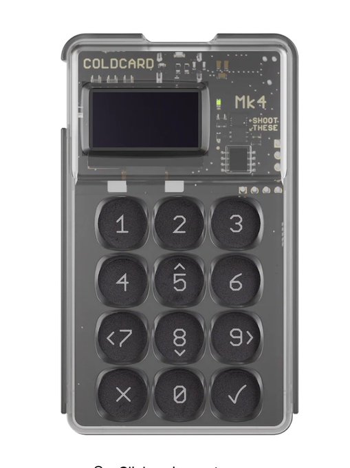 A product photo of a COLDCARD Mk4 hardware wallet featuring a clear case, OLED display, and a physical keypad with numbers 0-9 plus navigation buttons.