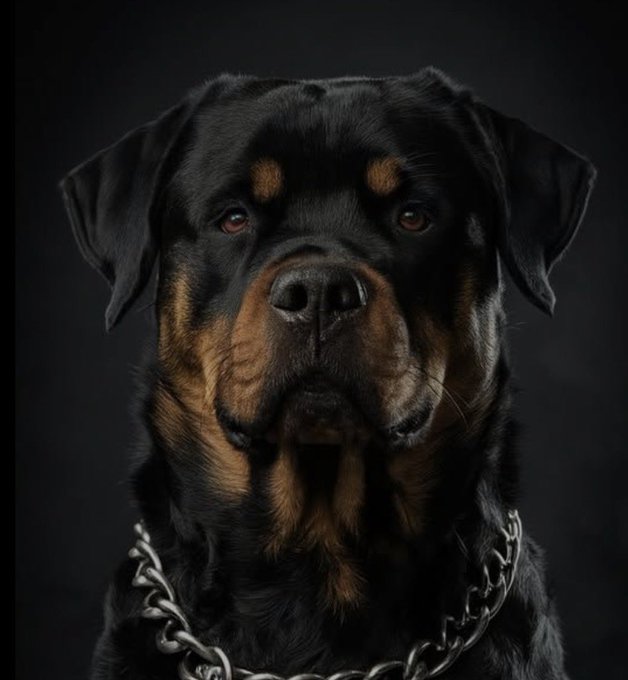 A close-up studio portrait of a Rottweiler dog with black and tan fur, wearing a thick silver chain collar against a dark background.
