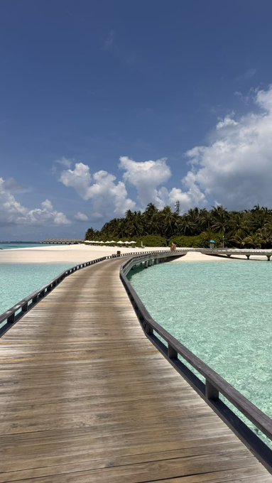 A scenic view of a curved wooden boardwalk winding through turquoise tropical waters, leading toward a palm-tree covered island under a blue sky with white clouds.