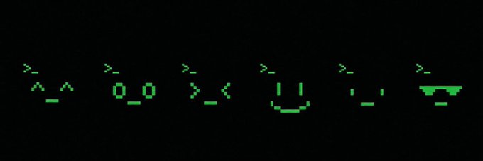A black screen with green pixel-art emoticons displaying a sequence of simple faces including '<_<', 'o_o', '>_<' , a smiling face, '>_', and an angry face.