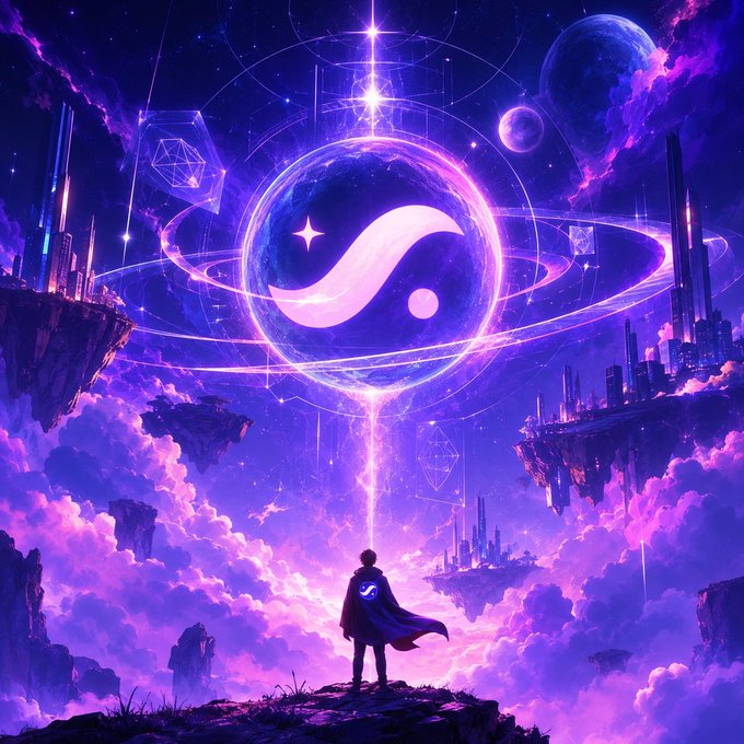 A fantasy digital artwork depicting a lone figure standing on a cliff overlooking a purple cosmic landscape with floating islands, futuristic cities, and a glowing yin-yang symbol encased in a sphere.