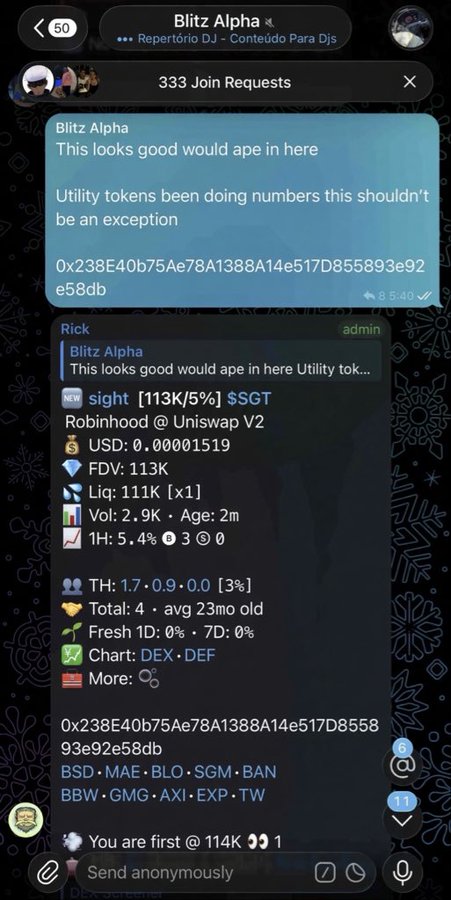 A Telegram channel called "Blitz Alpha" (Repertório DJ) shows a post about a cryptocurrency token "$sight" on Robinhood Uniswap V2 with 113K FDV and an FDV of 111K, marked as the first post with 114K views.