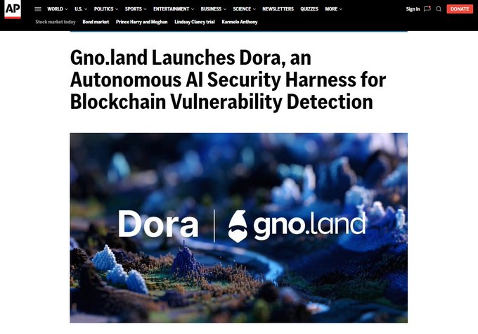 AP News article headlined "Gno.land Launches Dora, an Autonomous AI Security Harness for Blockchain Vulnerability Detection" with the Dora and gno.land logos displayed.