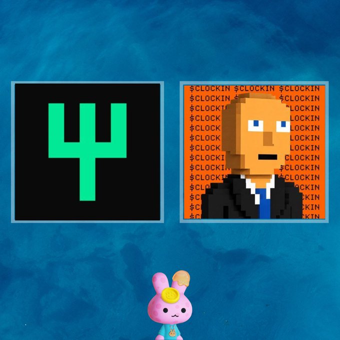 A pixel art-style image featuring a green "ψ" (psi) symbol on the left and a pixelated character with "$CLOCKIN" text repeated across an orange background on the right, with a small pink bunny figure at the bottom—all set against a blue textured backdrop, representing meme coins or NFT projects tied to financial speculation.