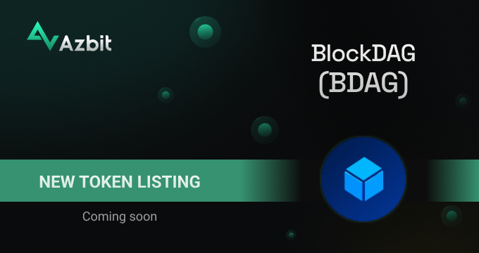 The image features a banner for an Azbit account that displays a blue cube with the text "BlockDAG" written inside of it, along with a green border. The background of the image is black, which contrasts with the blue cube. Below the cube, there's a white line with the words "New token listing" written on it in green. The caption at the bottom reads "Listing alert: BlockDAG (BDAG) Deposits, trading and withdrawals: Coming soon."