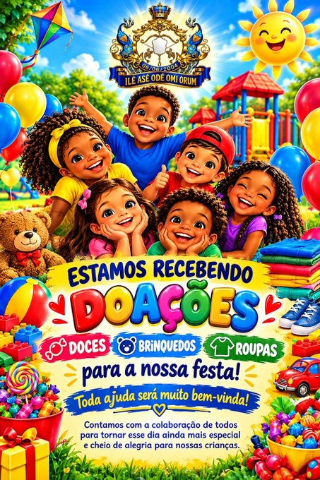A colorful Portuguese-language poster titled 'ESTAMOS RECEBENDO DOAÇÕES' (We are receiving donations) showing smiling children with text 'DOCES, BRINQUEDOS, ROUPAS para a nossa festa!' (Sweets, toys, clothes for our party).