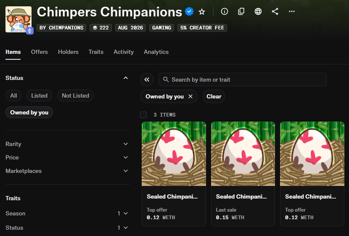 A NFT marketplace page displays three 'Sealed Chimpani...' egg items under the 'Chimpers Chimpanions' collection, each priced around 0.12-0.15 WETH.