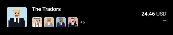The image shows a subscription plan tier for "The Tradors" featuring pixel-art avatars of group members (with +6 additional members) priced at 24.46 USD. The post indicates the user is showing off their subscription to this paid trading group, suggesting they bought access hoping the trading signals would be profitable.