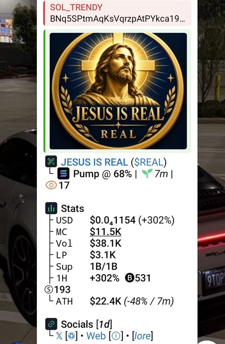 A screenshot of a cryptocurrency token page on pump.fun for "JESUS IS REAL ($REAL)" showing stats including a market cap of $11.5K and a 302% gain.