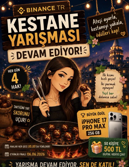 xtr's Kestane Yarismasi Devam Ediyoriri advertisement features a girl cooking on a grill, surrounded by city lights and promotional text.