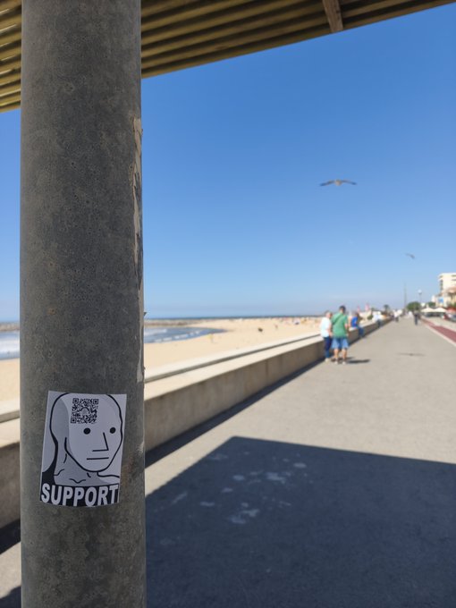 A sticker featuring the "NPC Wojak" meme and the word "SUPPORT" affixed to a metal pole at a beach promenade, with the ocean and a seagull visible in the background.