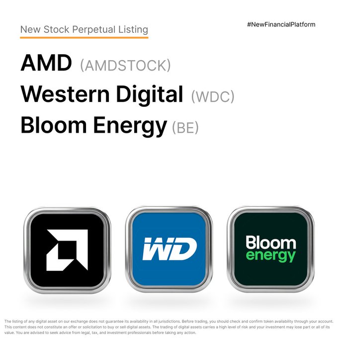 The image features a white background with three square icons of logos and text. The leftmost icon depicts an arrow pointing upwards, followed by two other icons that represent banks - one black and one blue. The rightmost icon shows a green "B", which is a symbol often associated with the Bloom Energy company. In the post below the image, it explains that these three icons together form what is known as the "New Stock Perpetual Listing" of companies listed on Bybit's trading platform. This listing includes three stock symbols and their respective names. The post also mentions that the new listing has not yet been live for everyone to check or confirm access, but it currently contains around 100 shares available for trade.